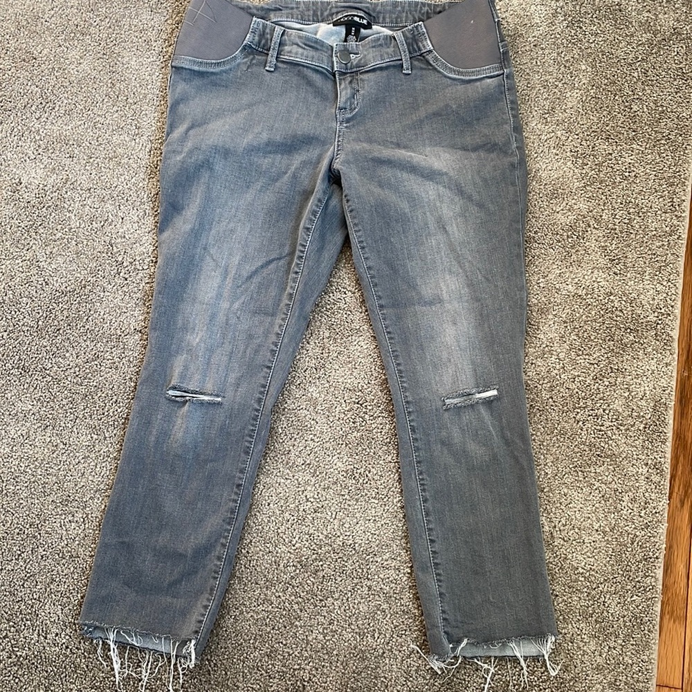 Indigo Blue Maternity Side Panel Distressed Cropped Jeans